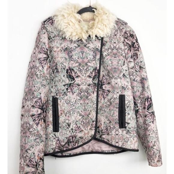 Anthropologie faux fur collared tapestry jacquard pink wool zipper jacket Sz 6 - Picture 2 of 4
